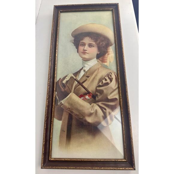 Antique Litho Print Victorian Girl - W/Original Frame & Glass 18”x 8” - Picture 1 of 9